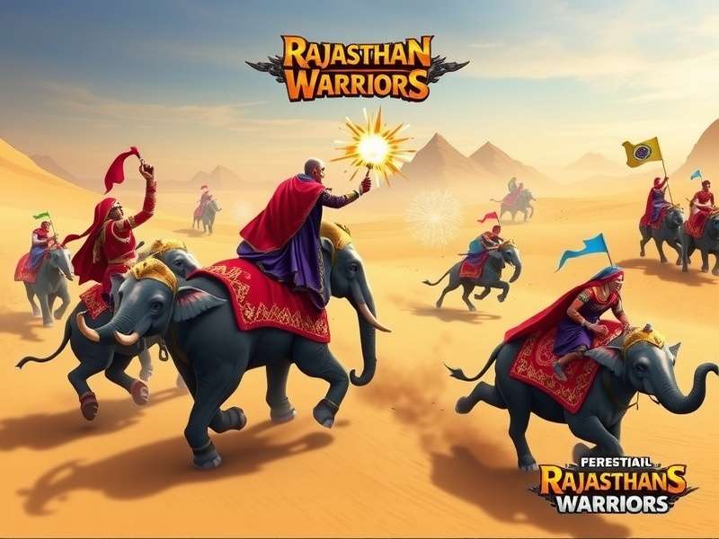 Rajasthan Warriors Clash game screenshot showing players in traditional Rajasthani armor battling in a desert landscape
